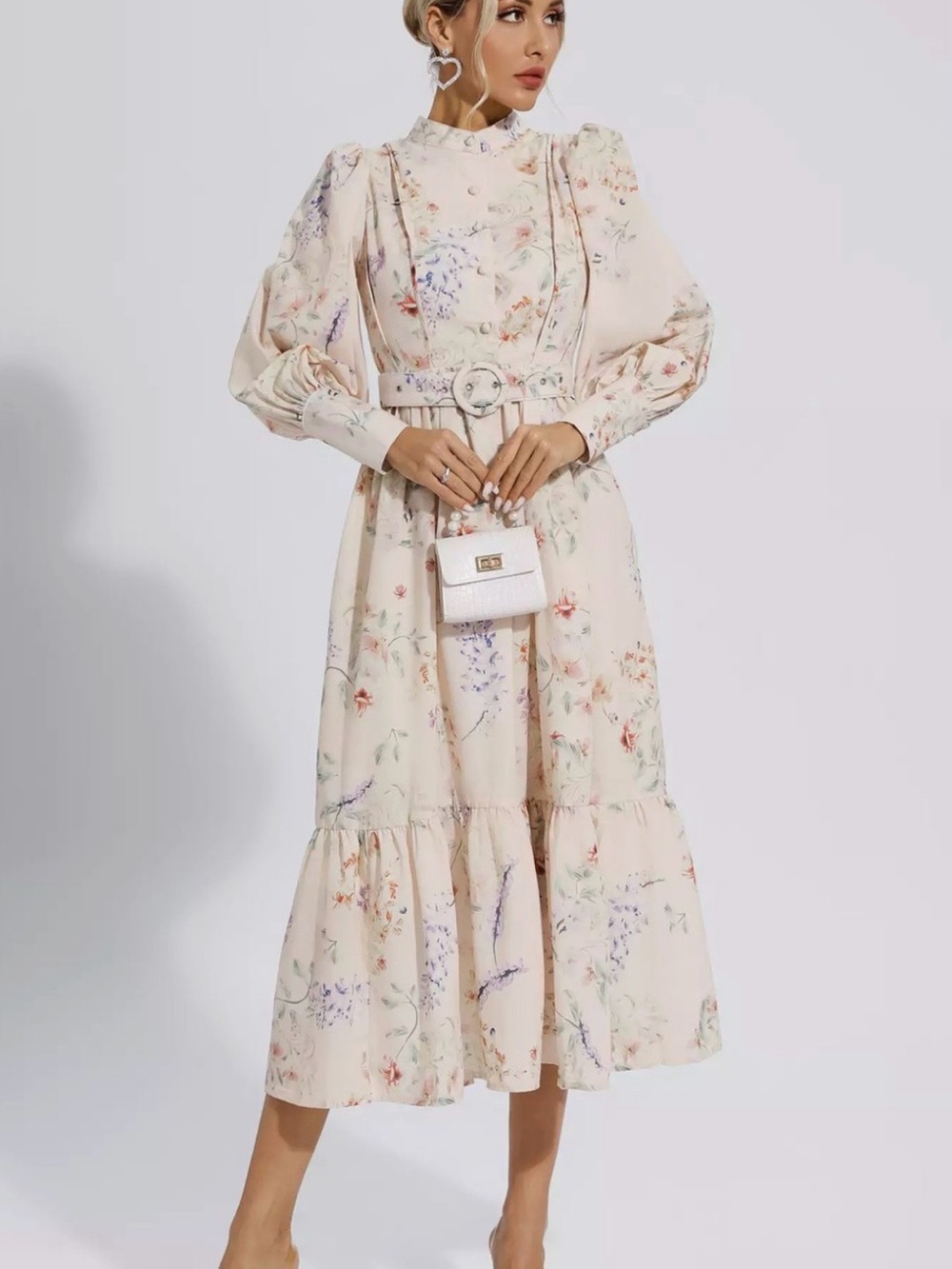 Floral Belted Midi Dress in Cream with Delicate Print - Picture 3 of 3